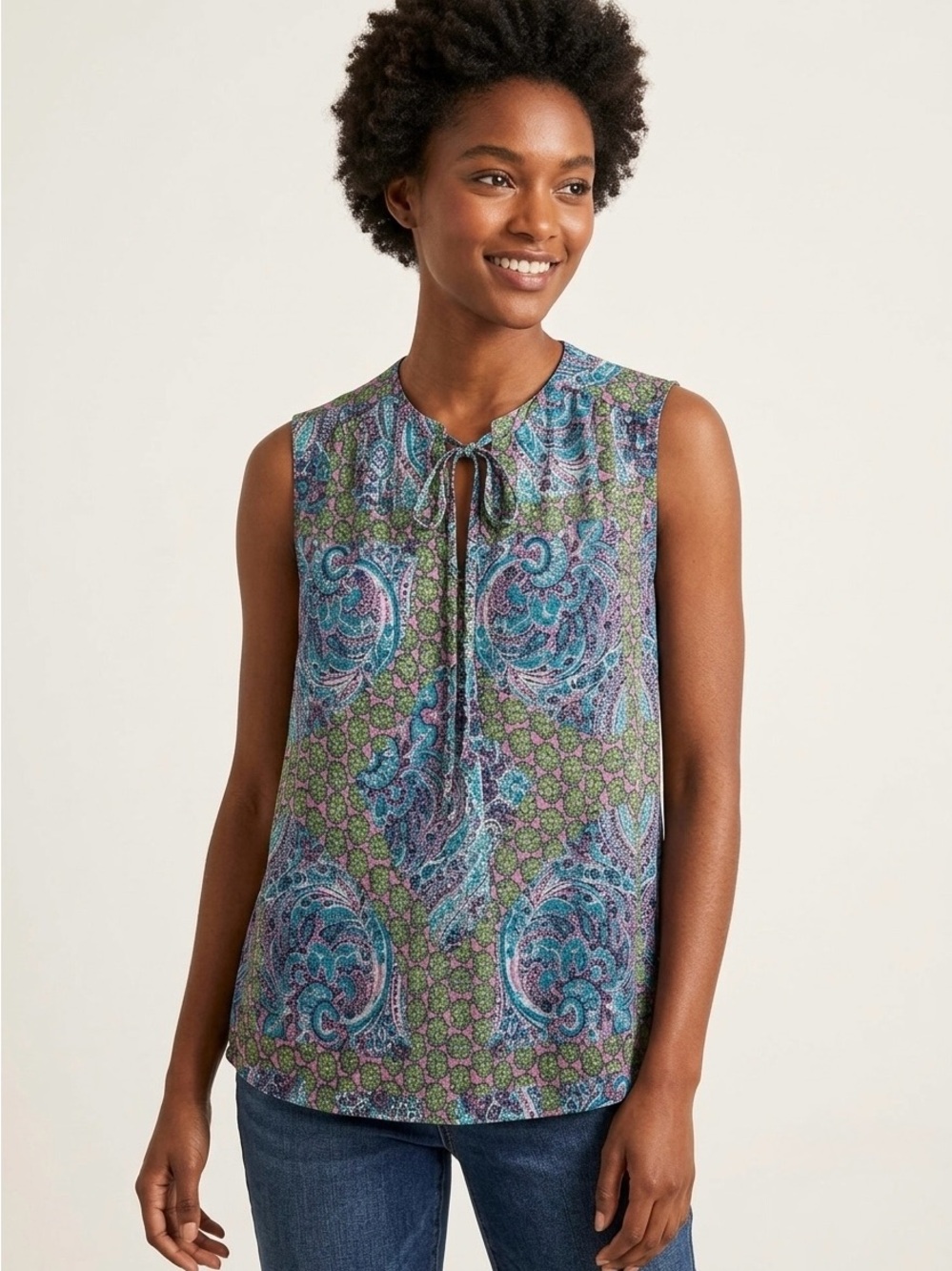 Juicy Couture Floral Paisley Lightweight Neck Tie Sleeveless Blouse Top Shirt M